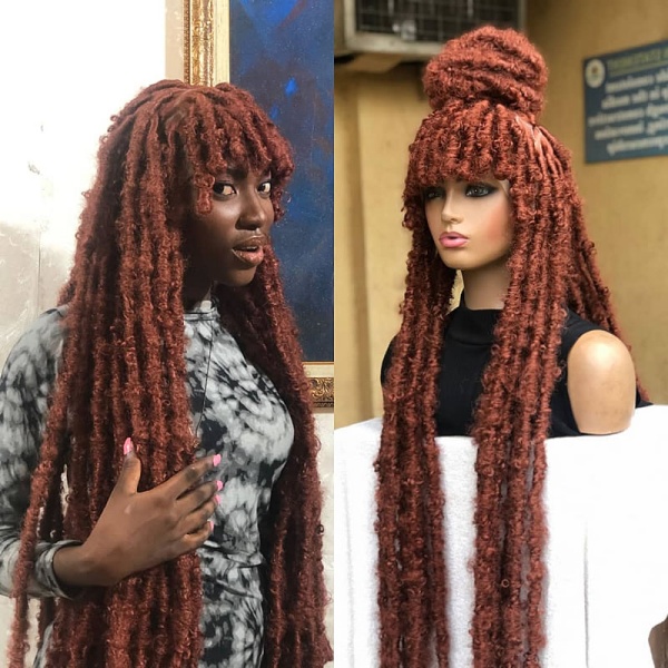 Ginger Destressed Locs With Bangs,Butterfly locs braided wig for black women full lace distressed locs hair with Bangs, fringe braids wig , Cajun colour hair full lace wig