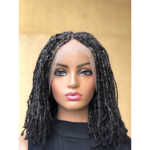 Human Hair Sister Locs, Salt And Pepper Full Lace Wig,14 inches