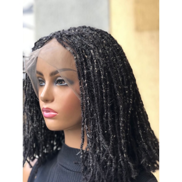 Human Hair Sister Locs, Salt And Pepper Full Lace Wig,14 inches