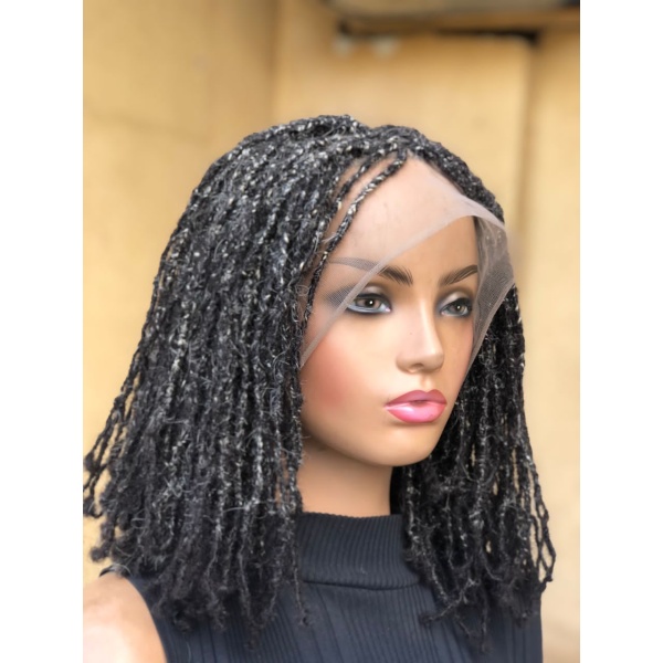 Human Hair Sister Locs, Salt And Pepper Full Lace Wig,14 inches