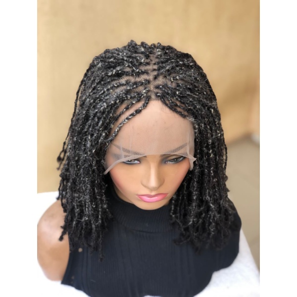 Human Hair Sister Locs, Salt And Pepper Full Lace Wig,14 inches