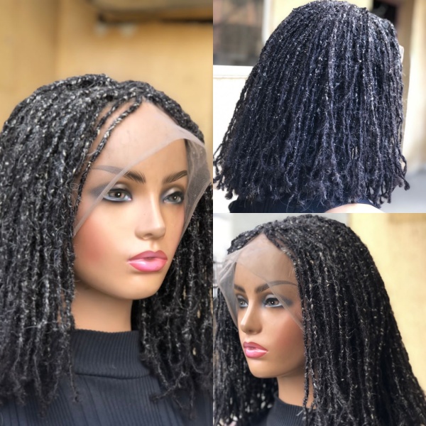 Human Hair Sister Locs, Salt And Pepper Full Lace Wig,14 inches