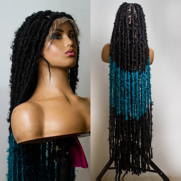 Ombre Teal butterfly Soft Locs on Full lace wig