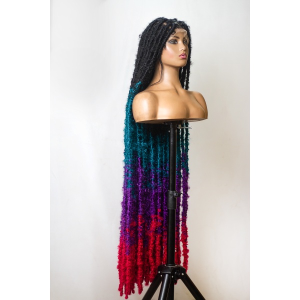 Ombre Teal Purple Hot Pink Butterfly Soft Locs on Full Lace wig