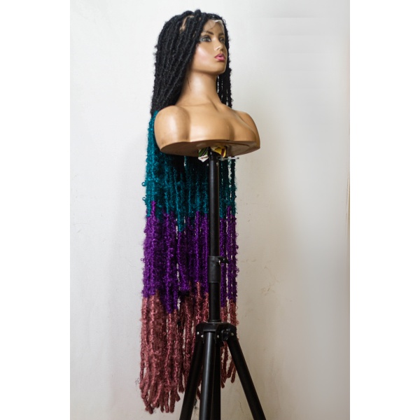 Ombre Teal Purple Hot Pink Butterfly Soft Locs on Full Lace wig