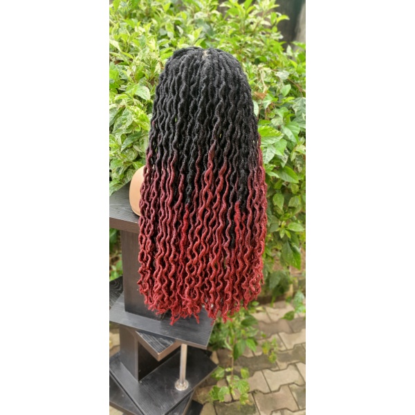 Ombre Soft crinkled locs wig, Ombre 39 faux locs, gluess lace wig Goddess Locs ombre burgundy wig