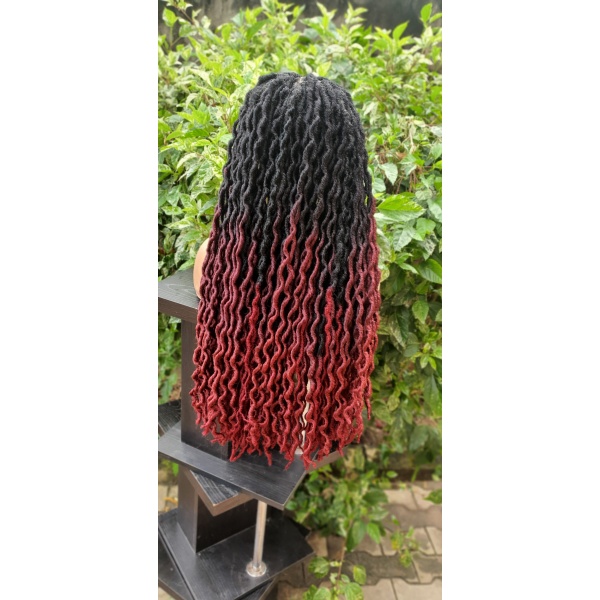 Ombre Soft crinkled locs wig, Ombre 39 faux locs, gluess lace wig Goddess Locs ombre burgundy wig