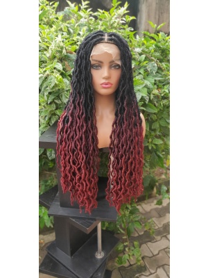 Ombre Soft crinkled locs wig, Ombre 39 faux locs, gluess lace wig Goddess Locs ombre burgundy wig