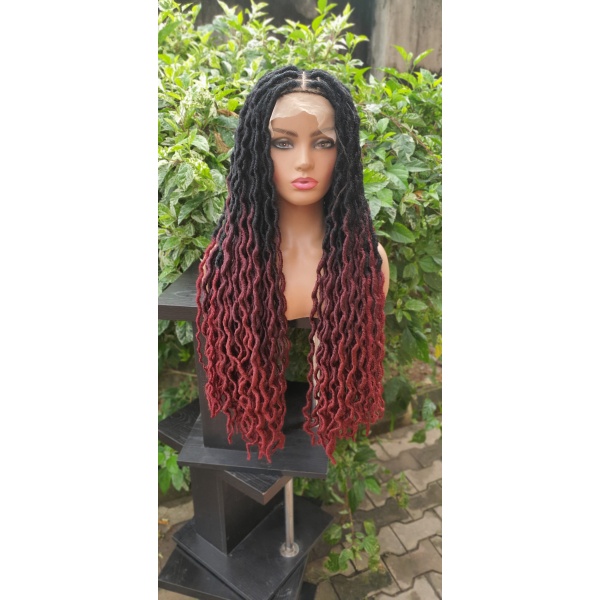 Ombre Soft crinkled locs wig, Ombre 39 faux locs, gluess lace wig Goddess Locs ombre burgundy wig