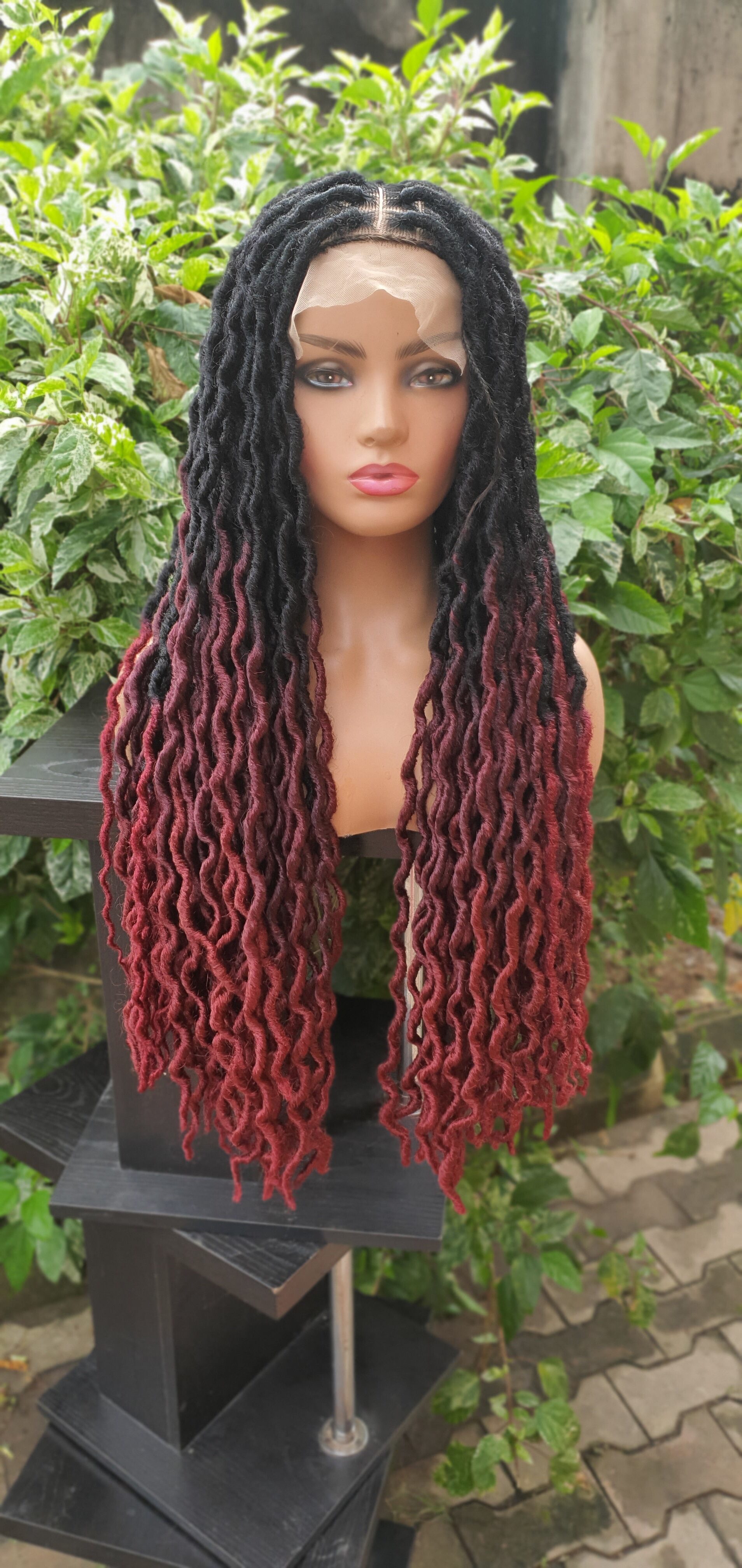 Ombre Soft crinkled locs wig, Ombre 39 faux locs, gluess lace wig Goddess Locs ombre burgundy wig