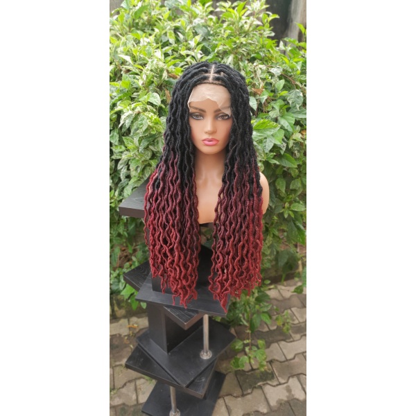 Ombre Soft crinkled locs wig, Ombre 39 faux locs, gluess lace wig Goddess Locs ombre burgundy wig