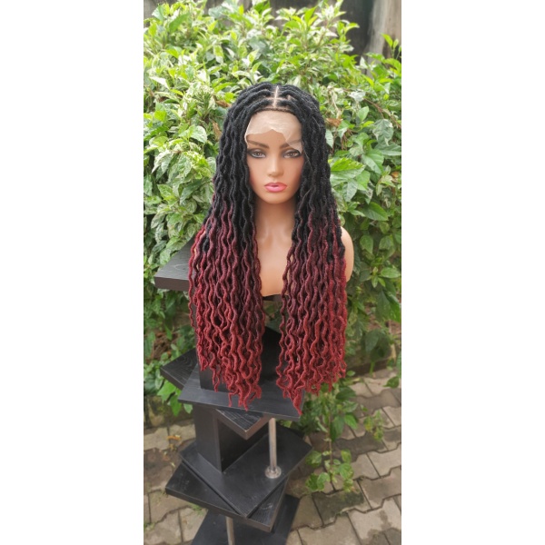 Ombre Soft crinkled locs wig, Ombre 39 faux locs, gluess lace wig Goddess Locs ombre burgundy wig