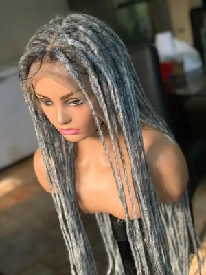 Full Lace Salt and Pepper Single End Dreadlocks Wig,Synthetic Skinny Locs Grey Wig, Salt and Pepper Synthetic Locs 30 inches