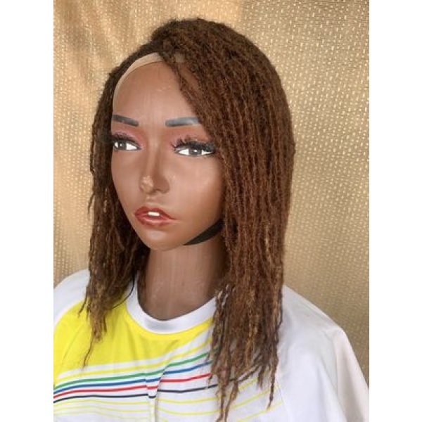 Brown and Blonde Human Hair Sisterlocs wig with dark roots, Glueless Bob Sisterlocs Wig, 12inches