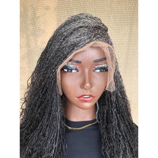 Dyeable Frontal Lace Salt and Pepper Human Hair Micro twist, Human Hair Million Braids , Handmade wig for black women, Braided Wig, free shipping