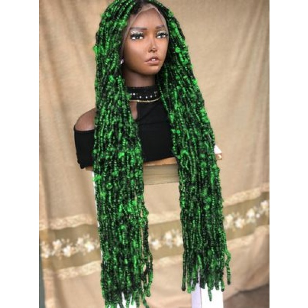 Braided Wig, distressed locs wig,handmade,braids wig, wig for Black women, butterfly locs,30 inches,free shipping, colour Black and Lime Green wig.