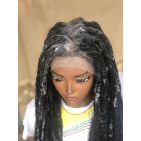 Salt and Pepper Single End DreadLocs Glueless Full lace Braided Wig Braids wig, Wig for black women