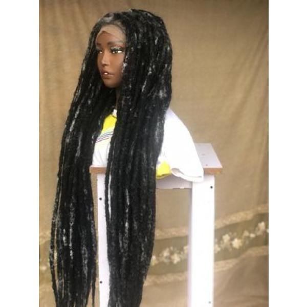 Salt and Pepper Single End DreadLocs Glueless Full lace Braided Wig Braids wig, Wig for black women