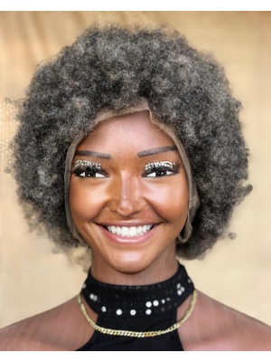 Full lace hand-tied human hair salt and pepper Afro kinky wig