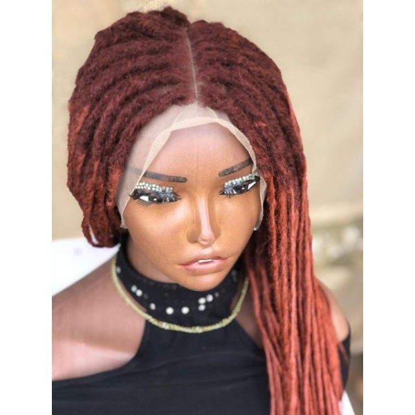 Ginger Lisa bonnet inspired locs, braid wig for black women, gift for women full lace. front wig dreadlock faux loc, Arburn and ginger