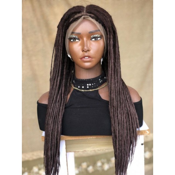 Dark Brown Lisa bonnet inspired locs, braid wig for black women, gift for women full lace. front wig dreadlock faux loc