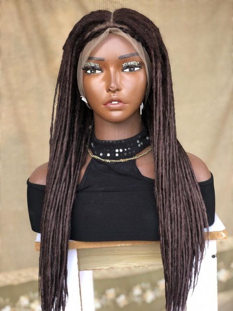 Dark Brown Lisa bonnet inspired locs, braid wig for black women, gift for women full lace. front wig dreadlock faux loc